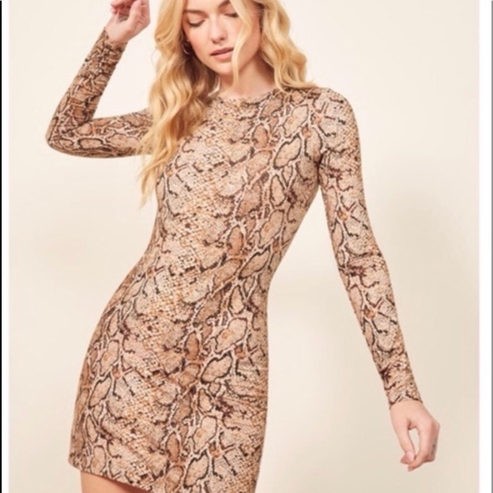 Reformation Snake Print Long Sleeve Mini Dress - Beige Brown